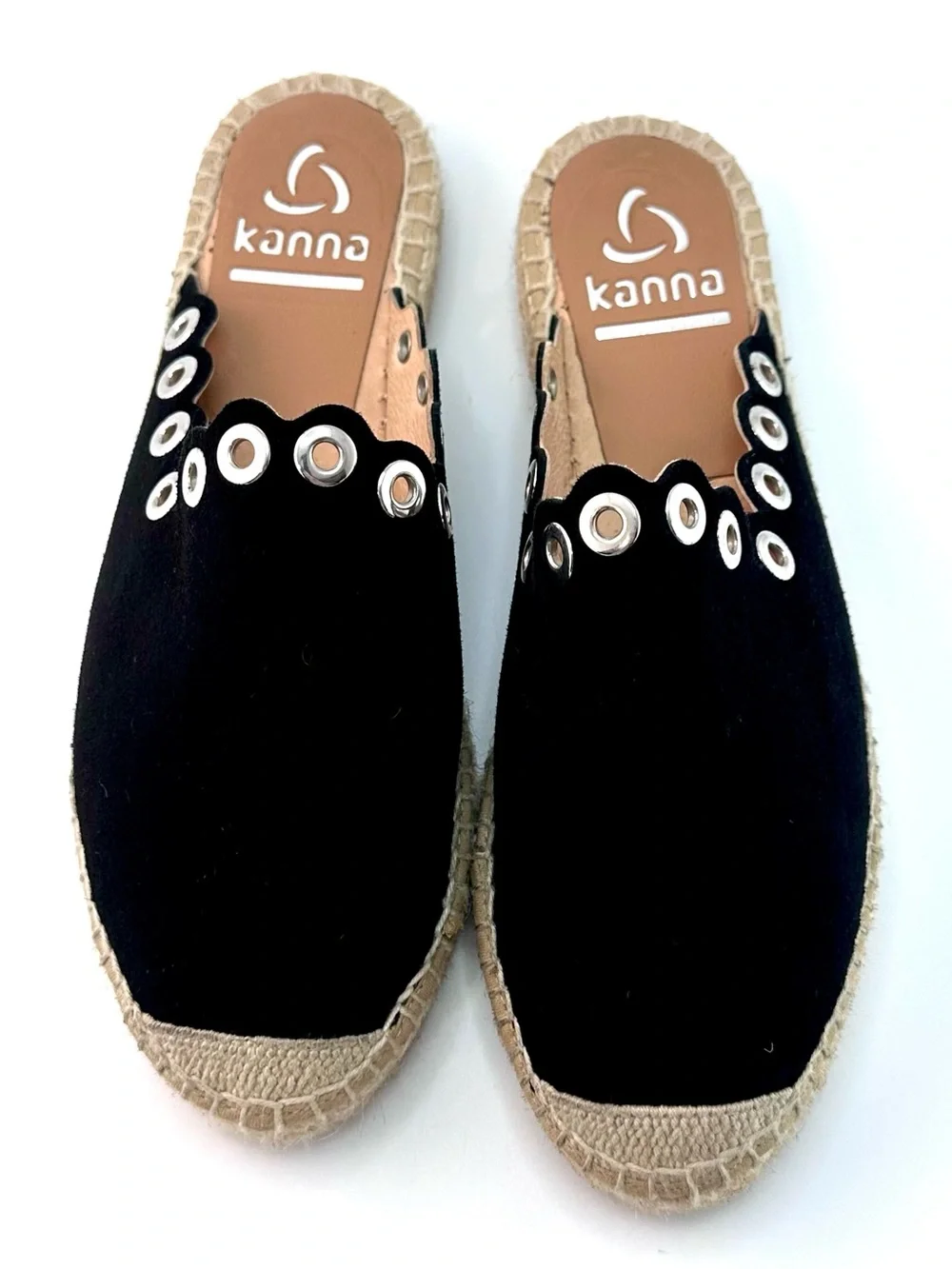 KANNA Black Suede Dora Scalloped Grommet Espadrille Mules Size 7.5
